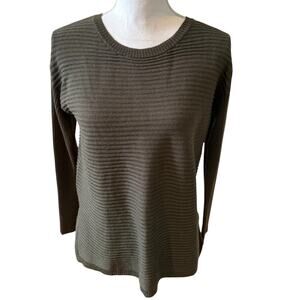 Tahari Crewneck Wool Ribbed Knit Sweater Button Detail Olive Green S